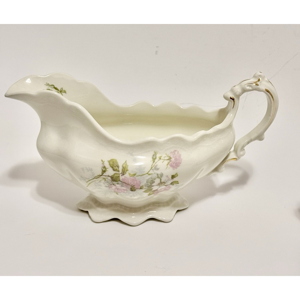 Antique Johnson Brothers, England Gravy Boat Reg Oct 21 1902 Pink Blue Gold Trim